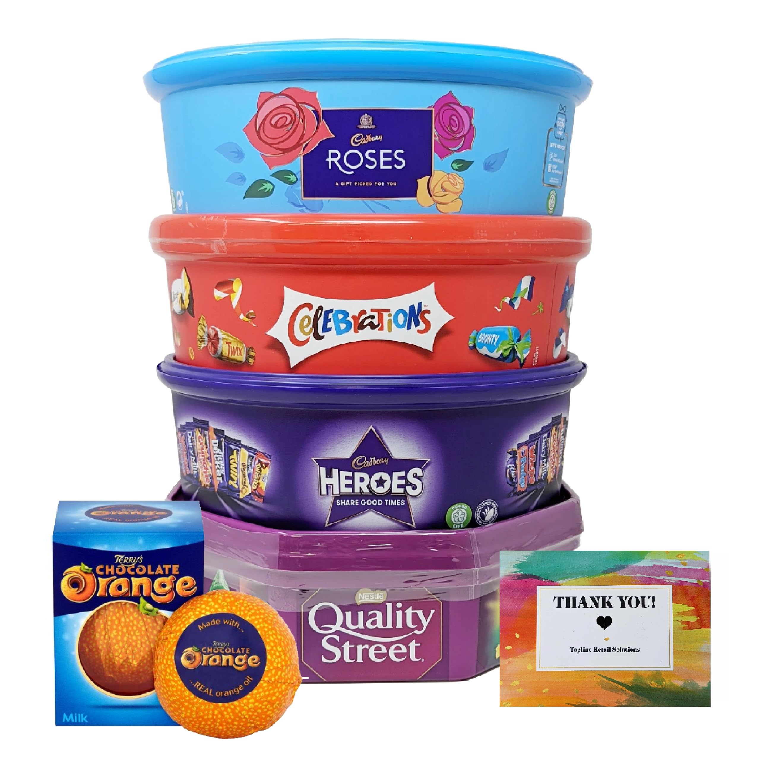 【Flash Sale】Assorted Christmas Chocolate Tubs Selection - Pack of 5 - Bulk Buy of Roses, Heroes, Quality Street, Celebrations Chocolate Pralines & 1 Terry's Orange Chocolate with Topline Card for Chocolate Gifts - Image 2