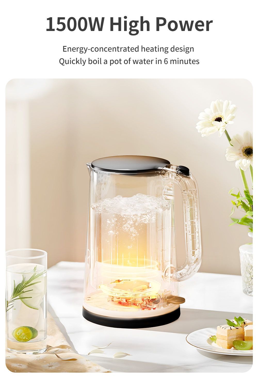 Simplus 1.7L Electric Kettle | 1500W Fast Heating | 304 Stainless Steel Inner | Double-layer Anti-Dry Burn Protection