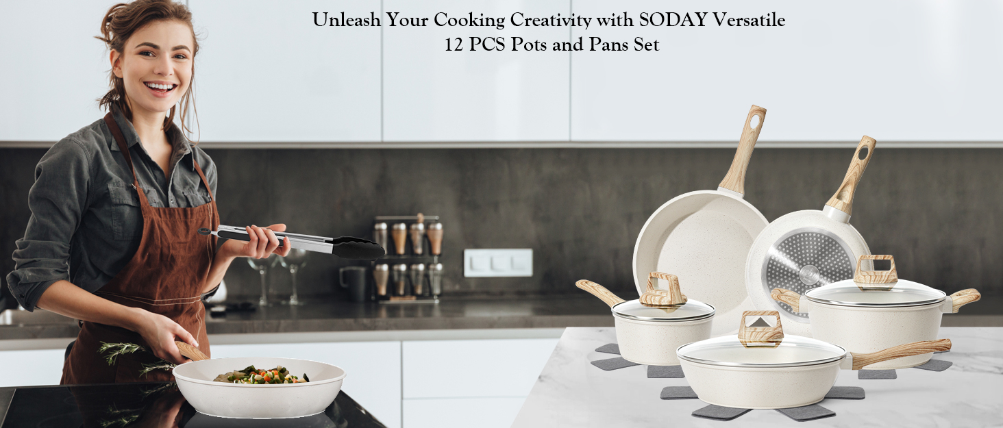 17 Pcs Pots and Pans Set Non stick .Cookware Sets White Granite Induction Cookware. Non-toxic Healthy Non Stick Kitchen Cooking Set with Frying Pans Set. Saucepans (PFAS. PFOA. PFOS Free) White